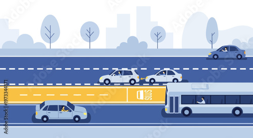 City traffic jam with bus, cars, and dedicated lane for autonomous vehicles