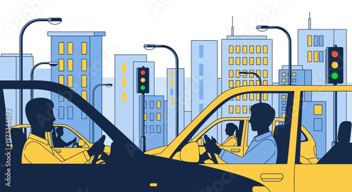 City traffic jam with cars and skyscrapers, drivers stuck in congestion