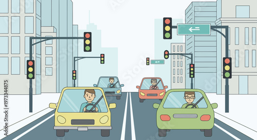 City traffic intersection with cars and traffic lights, urban commute