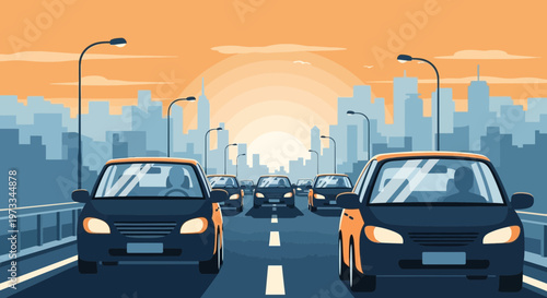 Cityscape traffic jam at sunset with cars on highway and skyscrapers background