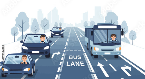 City traffic lane with cars and bus on road, urban transportation concept