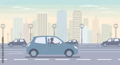 City traffic, cars driving on highway with skyscrapers background, urban commute illustration