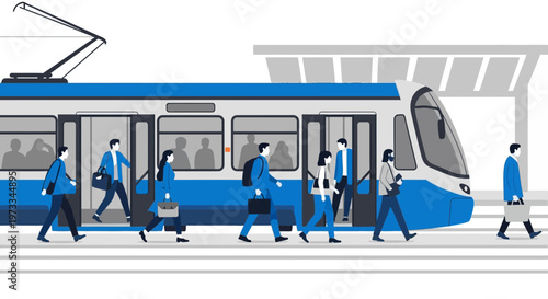 Commuters boarding a modern blue and white tram at a station, urban public transport concept