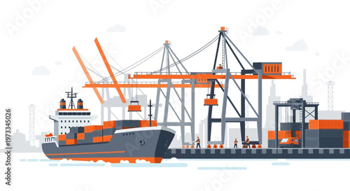 Container Ship Docked at Port with Cranes Loading Cargo, Global Logistics and Shipping