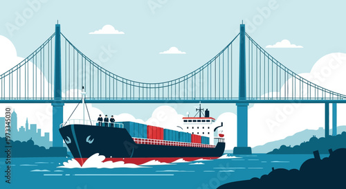 Container Ship Navigates Under a Large Suspension Bridge, Delivering Goods
