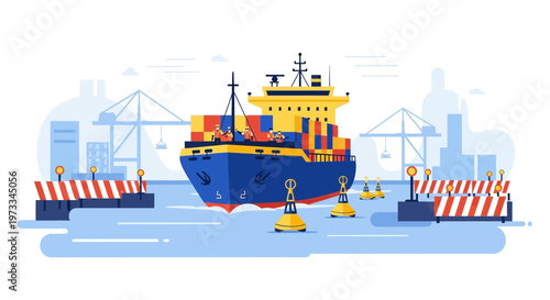 Container Ship Navigating Through Harbor with Cranes and Buoys, Industrial Port Scene