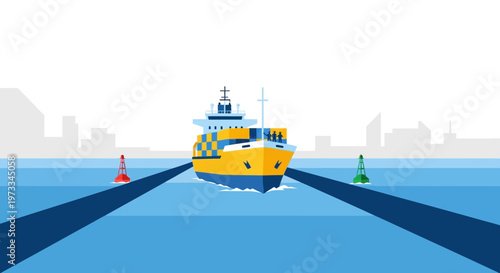 Container Ship Navigating Through Channel with Buoys, City Skyline Background