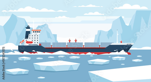 Container ship navigating through icy arctic waters with icebergs