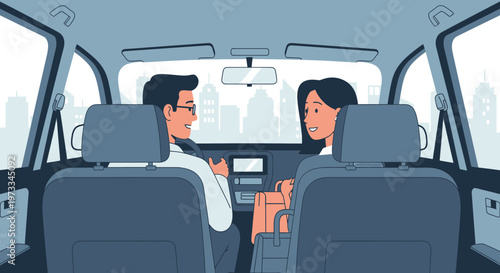 Couple in car talking during commute, cityscape background