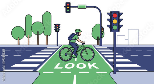 Cyclist on green bike lane at crosswalk with traffic lights, urban safety