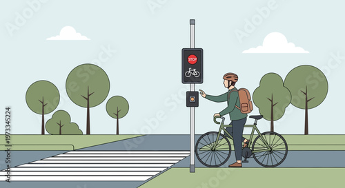 Cyclist pressing button at smart traffic light with pedestrian crossing
