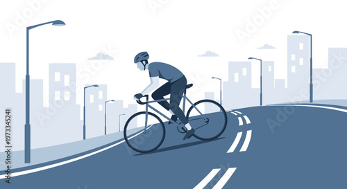 Cyclist riding a bicycle on a road with city skyline in the background