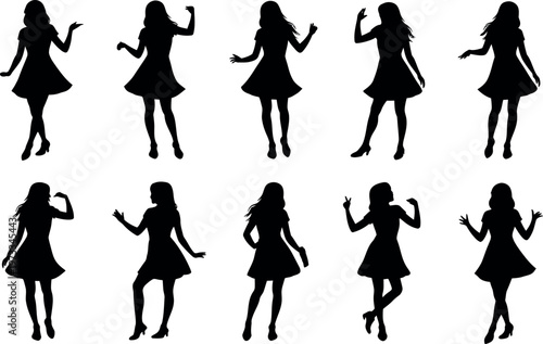 Set of women in various poses in short dresses