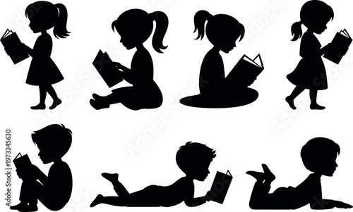 Silhouettes of children reading books in various positions on white background