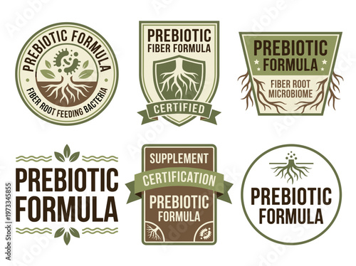 Fiber root prebiotic supplement labels, digestive health badges, microbiome gut flora emblems.