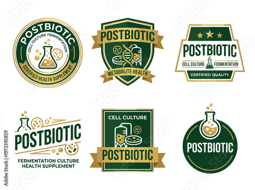 Fermentation culture metabolite product labels, postbiotic certification badges set, forest green and gold flat vector design.