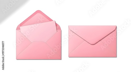 Set of pink envelopes, one open with a blank card inside and one closed, realistic vector illustration isolated on white background