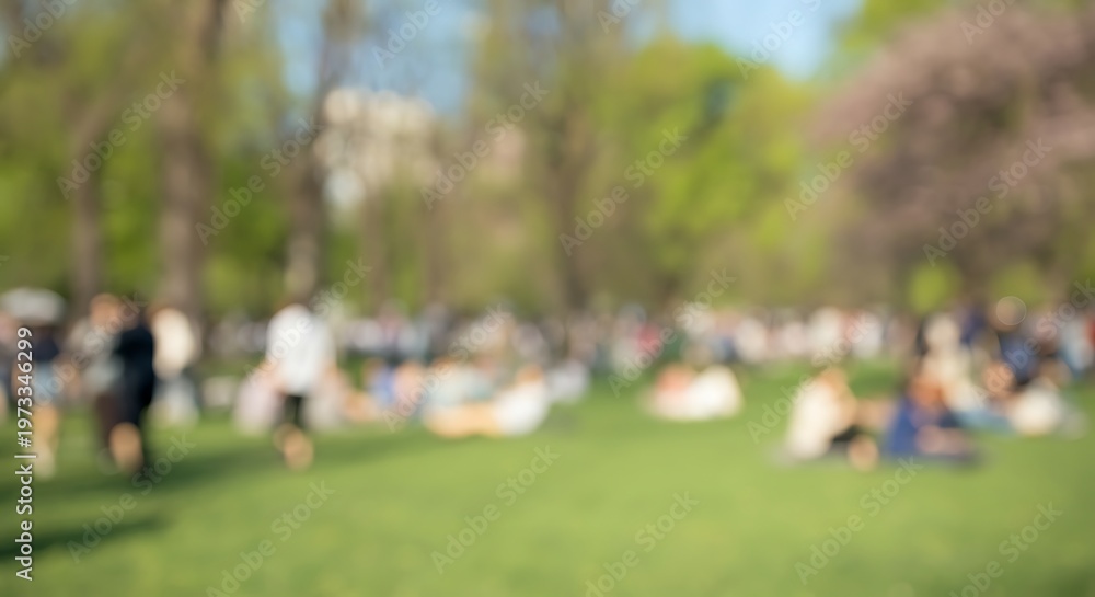 Fototapeta premium Fully out of focus background of a busy city park event, blurred people on grass and trees, daylight