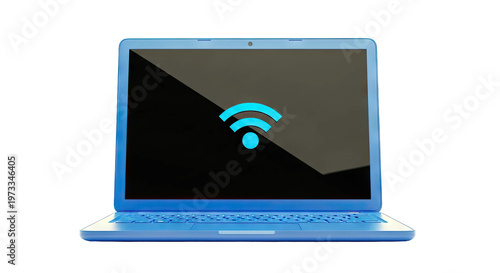 Blue Laptop Displaying a Wi-Fi Symbol on a Black Screen