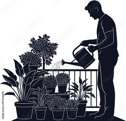 Man Watering Plants Gardening Silhouette