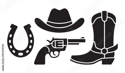 Western cowboy silhouette icons set with hat boots revolver horseshoe and lasso rustic wild west design elements