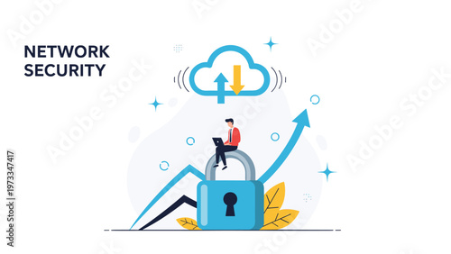 Network security concept featuring professional sitting on giant blue padlock while managing data through cloud storage and safe connections.