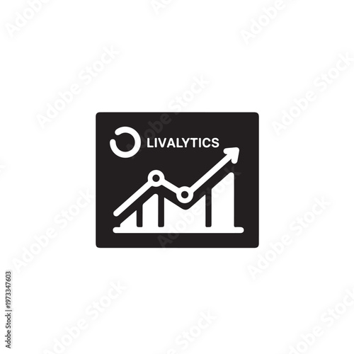 Square black icon with white upward trending graph bars and circular logo labeled 'Analytics.' Vector design for data representation.