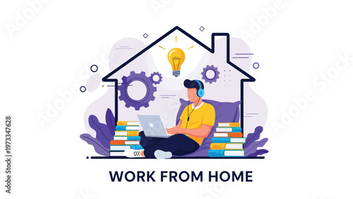 Student or professional with headset and laptop sitting inside a house frame with books and gears representing work from home and education.