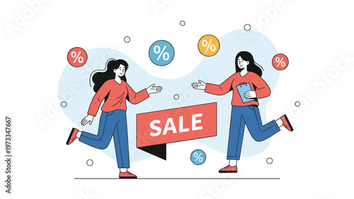Two happy women jumping joyfully around a giant SALE tag with percent icons representing exciting shopping discounts and retail promotions.