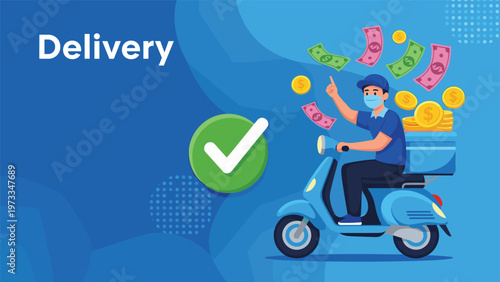 Delivery courier riding a scooter with packages and money flying around representing gig economy earnings and efficient transport services.