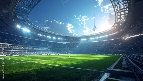 Expansive view of a stadium on a bright sunny day, a green field, filled stands, blue sky and sun beams