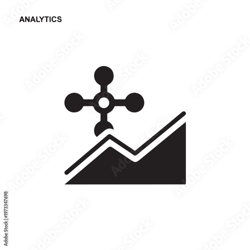 Black and white icon depicting data growth with molecular structure above upward trending graph bars. Vector design for analytics.