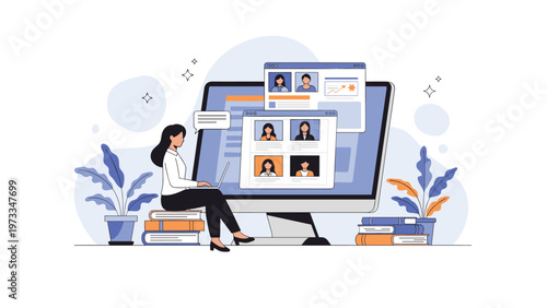 Woman sitting on stacks of books using a laptop next to a large computer showing multiple user profiles for remote work or online learning.
