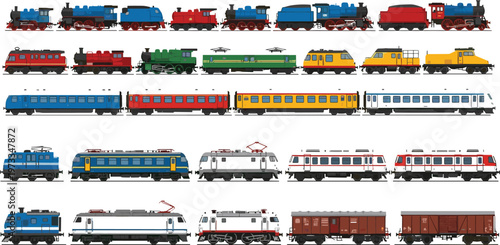 Train Icon Set Featuring Steam Engines, Passenger Cars, Electric Trains, and Cargo Wagons for Transportation and Railway Designs