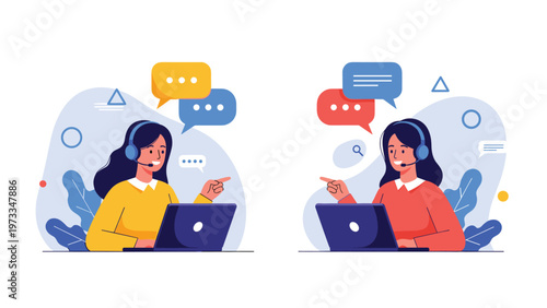 Professional customer service support agents working with laptops and headsets to communicate with clients through online chat bubbles.