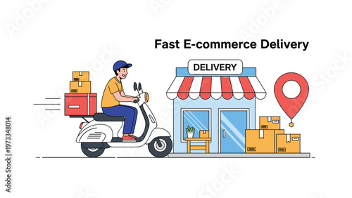 Fast e-commerce delivery logistics showing a scooter courier with boxes in front of a storefront for quick local shipping.