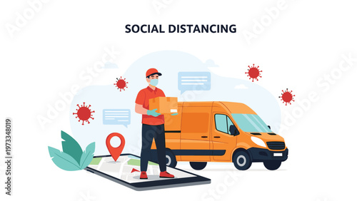 Safe social distancing delivery service concept featuring a courier wearing a medical mask and gloves while delivering packages.