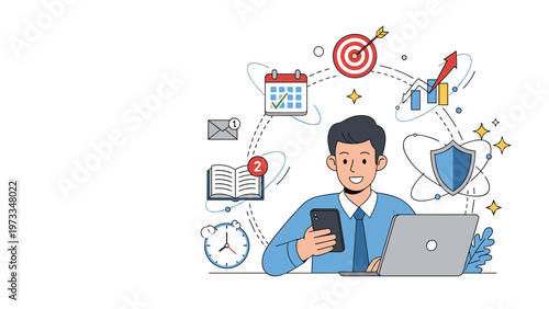 Efficient multitasking and business productivity concept showing a man managing emails, calls, calendars, and data at his desk.