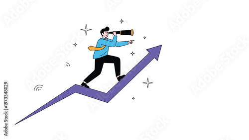 Forward thinking business vision and strategy concept featuring a professional man on a rising arrow looking through a telescope.