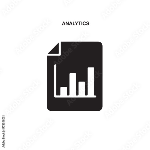 Black and white icon of a bar graph on a document symbolizing data visualization and reporting. ANALYTICS.