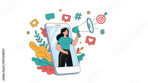Digital mobile marketing and social media advertising concept with a woman using a megaphone from a smartphone screen.