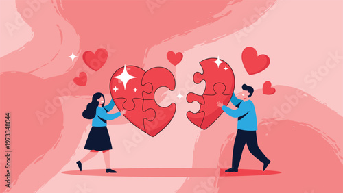 Romantic partnership and relationship compatibility concept showing a man and woman connecting two pieces of a large red heart.