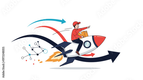 Innovative fast delivery and express shipping logistics concept showing a courier riding a rocket with a package and data points.