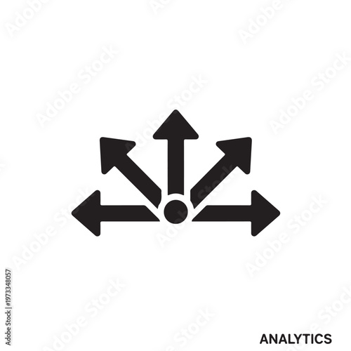 Black and white icon featuring arrows pointing in multiple directions against a plain background symbolizes flexibility. ANALYTICS.