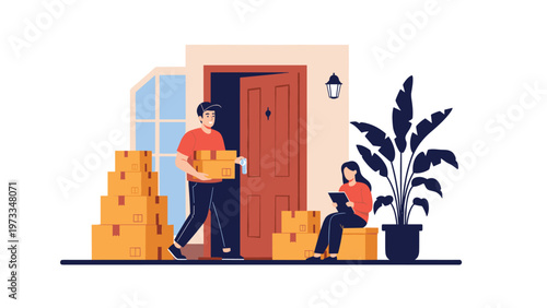 Home package delivery service showing a courier handing a box to a woman at her doorstep with many stacked packages around.