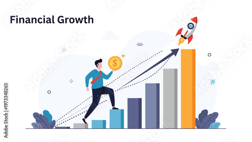 Ambition and financial growth depicted as a businessman climbing a bar chart towards a launching rocket while holding a golden coin.