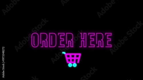 Neon Pink Order Here Sign Animation with Shopping Cart Icon on Black BackgroundOrder, Here, Neon, Pink, Glowing, Shopping, Cart, Ecommerce, Animation, Retail, Business, Marketing, Promotion, Online, S