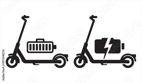 Black electric scooter icon set side view with charging battery symbol eco friendly transport concept