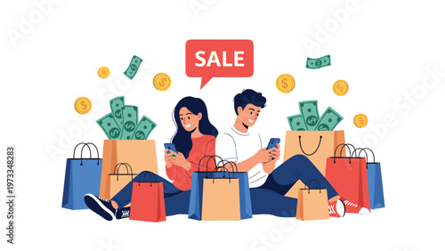 Joyful couple celebrates a successful shopping spree surrounded by numerous colorful bags with golden coins and money falling around them.