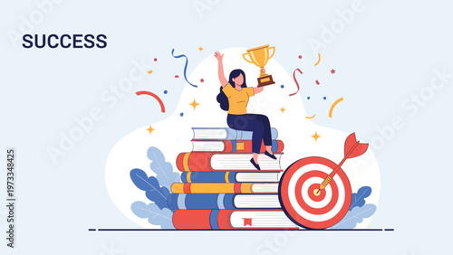 Symbol of success achievement showing a happy woman sitting on top of a giant stack of books holding a golden trophy near a target.